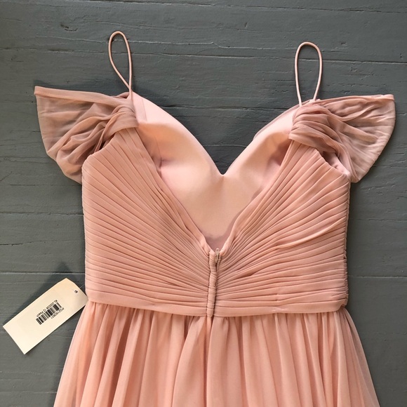 Kleinfeld Maxi Dress Size 12 Bridesmaid Peach Cold Off Shoulder Pleated Chiffon - Picture 10 of 14